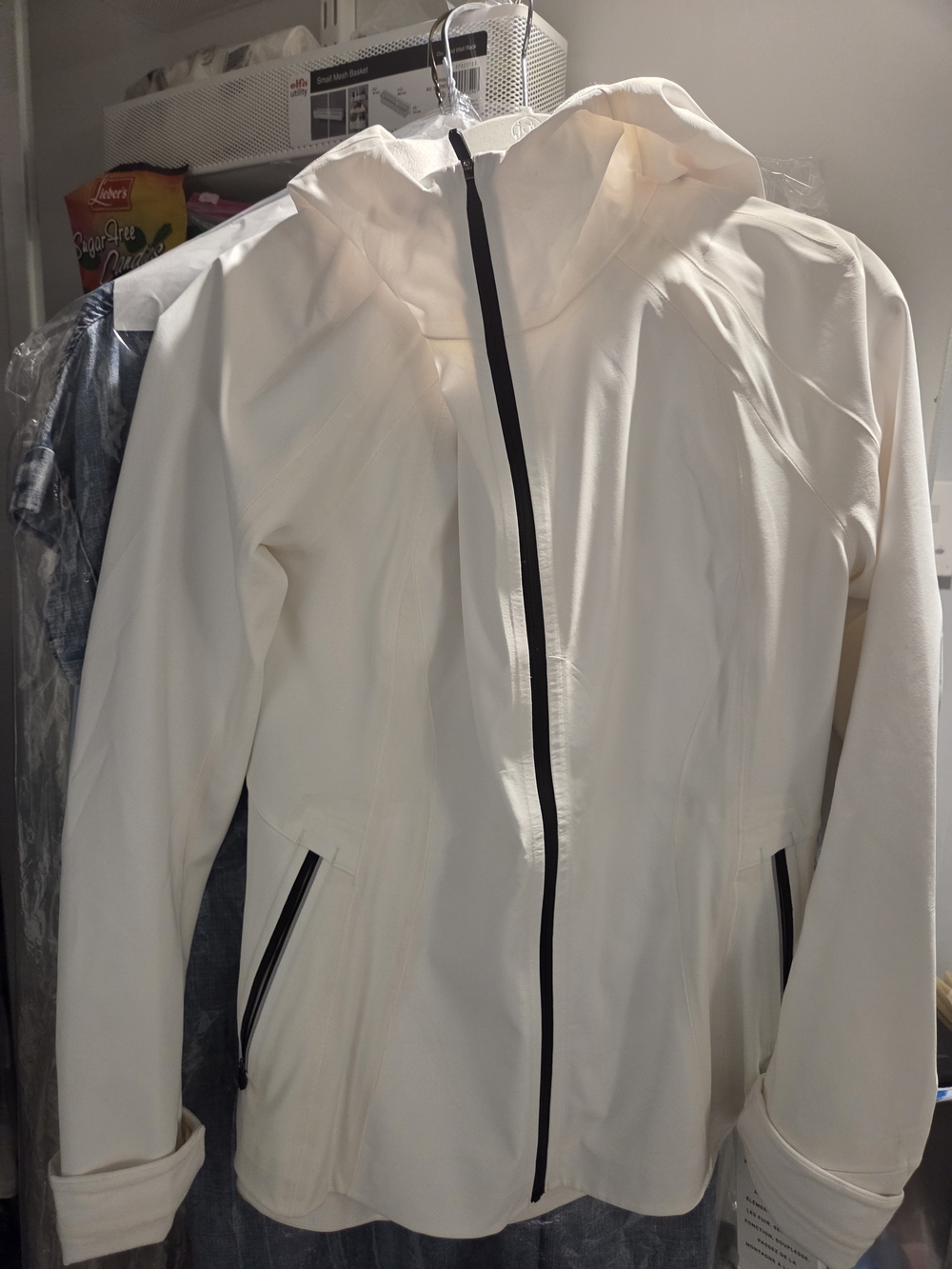 Athleta Cream Hooded Utility Jacket with Black Zipper Accents